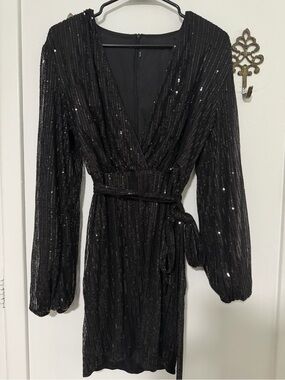 SHEIN Black Long Sleeve Sequin Wrap Mini Dress